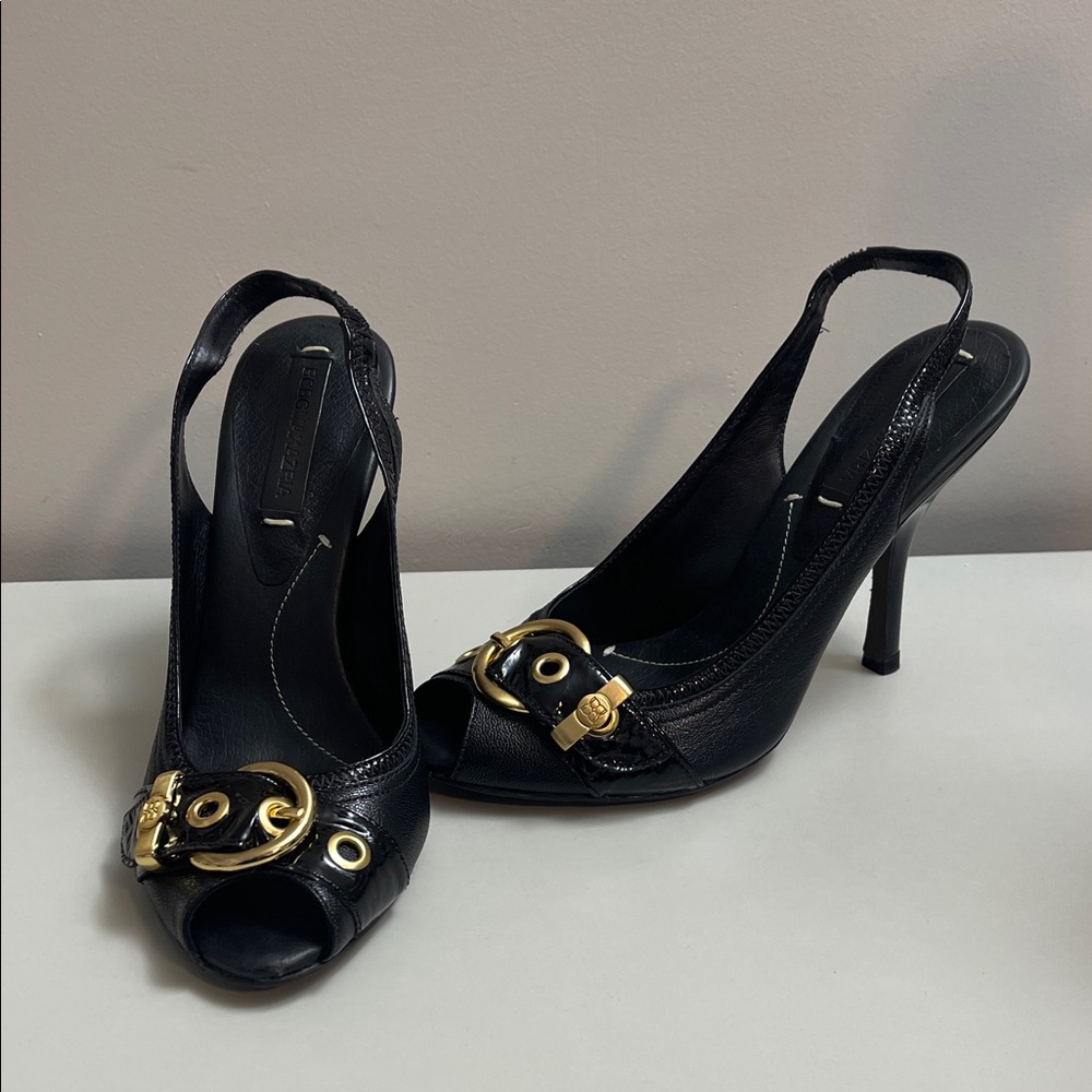 BCBGMAXAZRIA Elegant Black Slingback Heels with Gold Accents